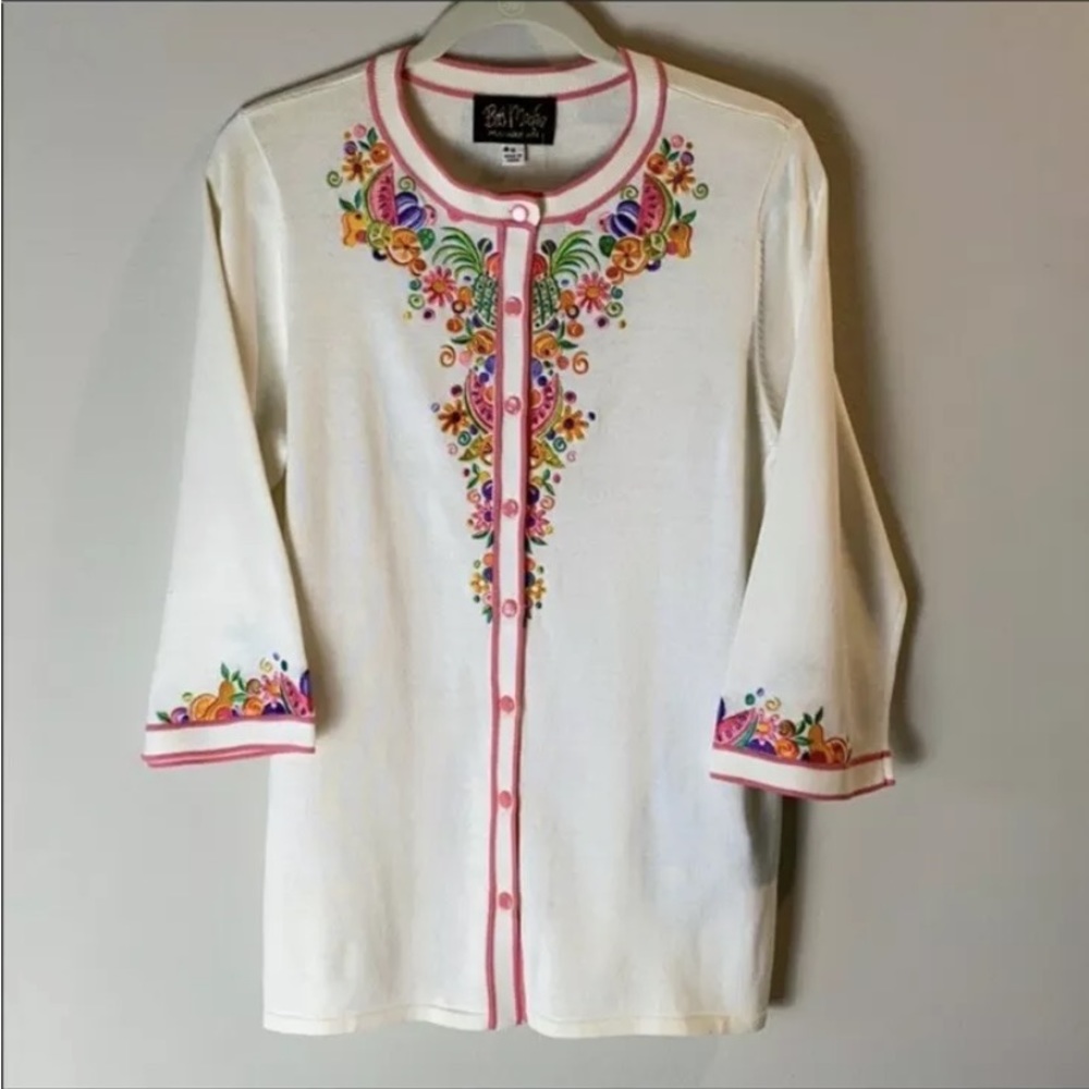 Bob Mackie Cardigan Wearable Art M fruit Embroidered cardigan
